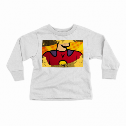 Light gray kids long-sleeve shirt with vibrant superhero graphic for adventurous play.