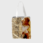 Stylish tote bag with golden sequins and joyful child photograph, perfect for everyday use.